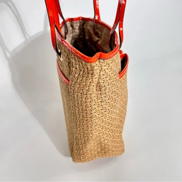 Anya Hindmarch Orange Patent Leather Trim Woven Beach Tote - Picture 5 of 13